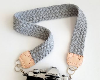 Camera Strap with Braided Gray Marle Fabric Yarn, Natural Leather Ends & Pink Stitching, Modern and Comfortable Woven Jersey Strap for dslr