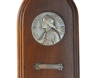 Saint Joan of Arc Medal - French Antique Religious Oratory Stand Plaque reliquary - Wooden Plaque - Communion Gift