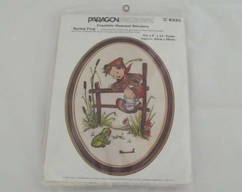 Vintage Crewel Embroidery Kit Paragon Needlecraft Unused Hummel Spring Frog Kit No. 0320 9 in. X 12 in. Oval Wall Decor 1979