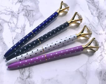 Polka Dot & Diamond Top Crystal Gem Pens / Purple, Black, White + Navy