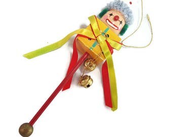 Vintage Wooden Clown Head Christmas Ornament- 1985 Enesco Brand- Jack in the Box- Rattle Style w/ Jingle Bells- Vintage Clown Circus Big Top