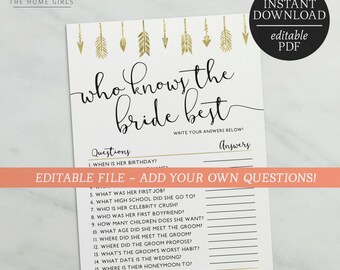 Who Knows The Bride Best Editable Game | How Well Do You Know The Bride Editable | Bride Tribe | Bachelorette Hens Games | Gold | Arrows
