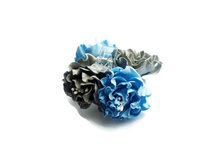 Gray Blue Flower Hair Claw clasp Roses hair piece Bridal Wedding hair flowers Handmade Hair clip Hairpin Event battleship gray azure Gift