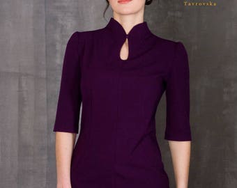 Elegant Purple Dress by TAVROVSKA, Half Sleeve Pencil Knee-Length Dress, Violet Dress, Stand Collar, Mandarine Collar