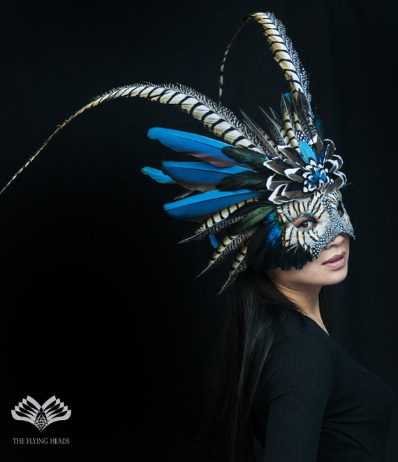 Flying Heads Blue Tribal Feather Shaman Mask Performance