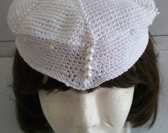 Hat white pillbox, white crochet pillbox hat, hat crochet pillbox ceremonies, white pearls, tambourine Hat Hat Hat