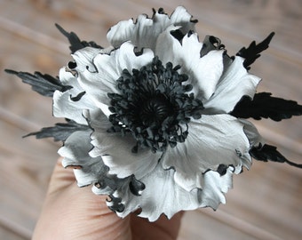 White&Black Leather flower brooch, leather poppy corsage flower, leather gift for her, leather jewelry, third leather anniversary for her