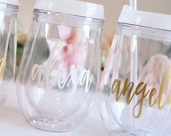 Wine Tumbler with lid and straw. Custom Adult Wine Sippy Cups for wedding and bachelorette party. Bridesmaid gifts, white, gold, rose gold