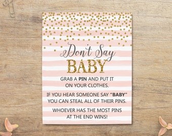 Dont Say Baby Game, Baby Shower Sign, Blush Pink Gold Confetti, Steal Pins, Pin Stealing Game, Girl Decor, Printable, GP Instant Download