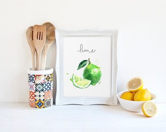 Food Painting, Lime, Fruits Printable, Watercolor Print, Cook Printable, Kitchen Wall Art, Restaurant Decor, Kitchen Decor, Veggies