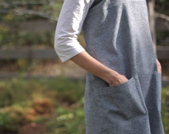 Cross Back Apron, Japanese Style Apron, Linen Cotton, Apron with Pockets, Cooking, Art, Craft, Chores, Blue, Gray
