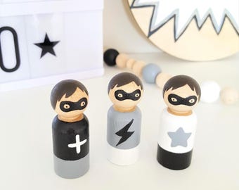 Superhero Peg Dolls, Superhero Bedroom, Boys Room Decor, Monochrome Bedroom, Monochrome Nursery Decor, Wooden Toys