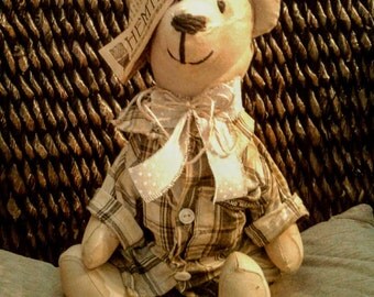 Teddy Bear - Old Time - Hand Painted - Heavily Stained - Vintage - Rustic - Primitive - Folk - Clothed Doll