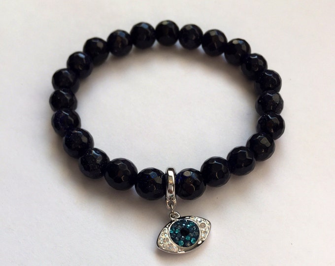 Natural healin blue faceted goldstone for artists protective Swarovski crystal evil eye beaded stretch bracelet.