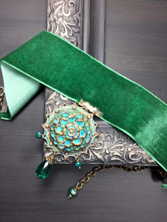 Wide Velvet Choker, Flower Pendant Necklace, Green Velvet Choker, Steampunk Choker, Victorian, Cosplay, Boho, Gypsy, Floral, Medallion, OOAK by GabSevenArt steampunk buy now online