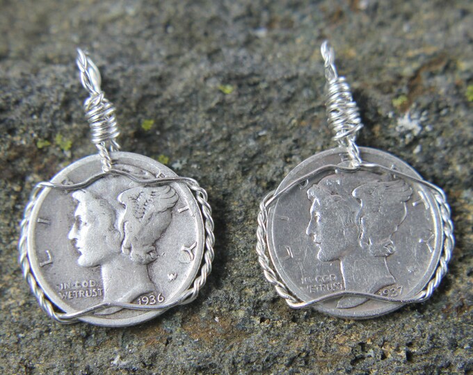 1936 & 1937 Silver Mercury Dime Pendant | Sterling Silver Wire Wrap | Vintage US Coin Jewelry | Necklace or Charm | Gift for Him or Her