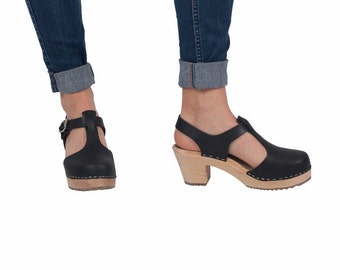 Swedish Clogs Highwood T-Bar Black Leather by Lotta from Stockholm / Wooden Clogs / Sandals / High Heel / Mary Jane Shoes