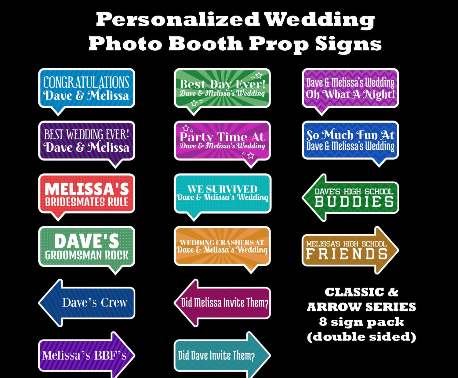 Personalized Photo Booth Wedding Prop Signs 8 Pack Double