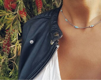 8 Opal silver necklace (Opal necklace blue Opal necklace Australian opal anniversary gift fire Opal necklace October Birthstone opal bead)