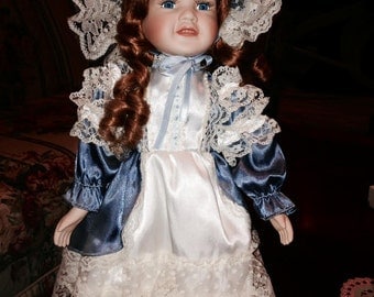 Victorian Porcelain Doll - White and Slate Blue Gown