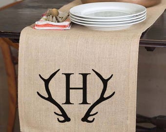Antler Decor, Table Runner, Monogrammed Table Runner, Rustic Dining Table, Monogrammed Table Linens, Burlap, Rustic Centerpiece