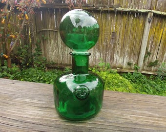 Vintage Green Glass Decanter // Fleur de Lis Wine Bottle // 70's Farmhouse Decor // Wine Bottle