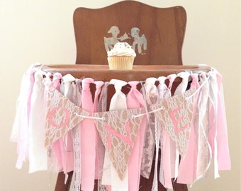 Pink Girls First Birthday Banners / Highchair Banner / Cake Smash Photo Prop / First Birthday Photo Shoot / Pink, Silver & White