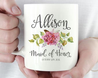 Personalized Mug, Maid of Honor Mug, Personalized Wedding Mug, Ceramic Mug, Gift for Bridal Party, Flower Mug, Maid of Honor Gift, Tea Mug