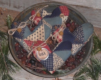 Set of 4 Primitive Grungy Rustic Red White and Blue Americana USA July 4 Patchwork Heart Shaped Bowl Fillers - Ornies - Tucks - Ornaments