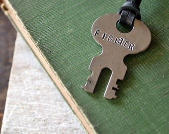 The Fighter Key - Key of Strength - Vintage Key Necklace - Hand-stamped Key - Leather or Chain Necklace