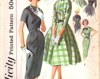 1950s Simplicity 2646 Vintage Sewing Pattern Misses One Piece Dress, Accessory Dress, Full Skirt, Slim Skirt Size Bust 34, Size Bust 36