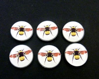 6 Handmade Buttons Bee Buttons. Black and Yellow Bee buttons for Sewing, Knitting, Crochet and Scrap Booking.