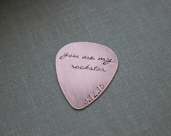 you are my rockstar - Rustic Copper Guitar Pick - Playable - 24 gauge - Hand stamped personalized with date - gift for boyfriend - husband