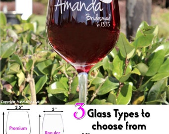 Personalized Wine Glasses, Bridesmaid Gift, Wedding Toasting Glasses, Custom Etched Wedding Party Favors, Bridesmaid Favors
