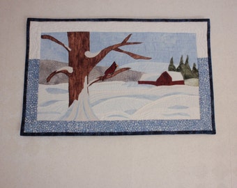 Snow Scene in the Country quilted wall hanging, fiber art, wall decor, wall hanging, landscape quilt