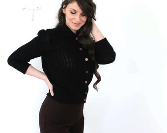 Black 1950s Cardigan / 50s Black Knit Cardigan