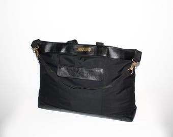 VINTAGE MOSCHINO REDWALL Travel Tote Black Leather Nylon Large Tote -Authentic -