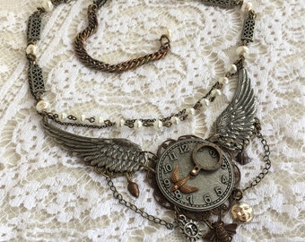 Winged Clock Mixed Metal Steampunk Bib Necklace