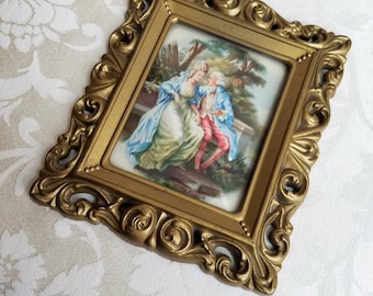Vintage French Lovers Courting Couple Wall Art Print In Ornate Gold Frame With Convex Bubble Glass By Amsterdam Holland, Marie Antoinette