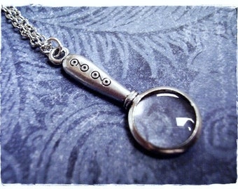 Silver Magnifying Glass Necklace - Antique Pewter Magnifying Glass Charm on a Delicate Silver Plated Cable Chain or Charm Only