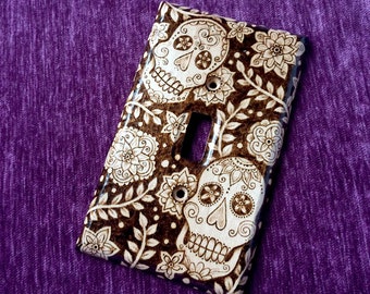 Wood Light Switch Plate Cover - Sugar Skull Dia de los Muertos Pyrography Home Decor