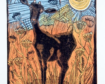 linocut, Goat and Anis, Blue, yellow, sunshine, mountains, farmhouse, printmaking, home interior, nature, landscape, farm, goat, terracotta