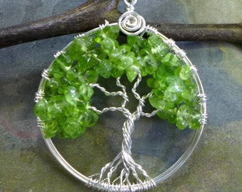 Peridot Tree of Life Pendant Necklace with Sterling Silver Chain -Wire Wrapped Peridot Gemstone Necklace- August Birthstone Pendant Necklace