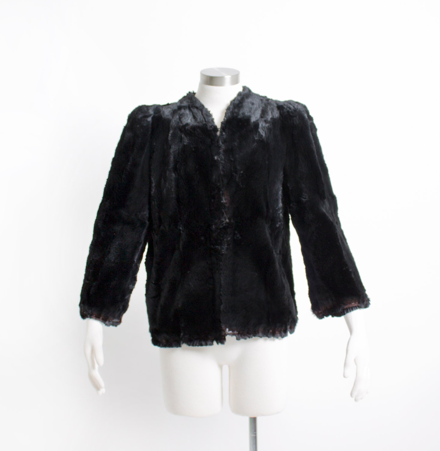 Vintage 1940s Fur Coat Black Cropped Shaved Beaver Jacket