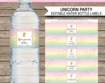 Unicorn Water Bottle Labels or Wrappers - Unicorn Theme Birthday Party Printables - Party Decorations - INSTANT DOWNLOAD with EDITABLE text