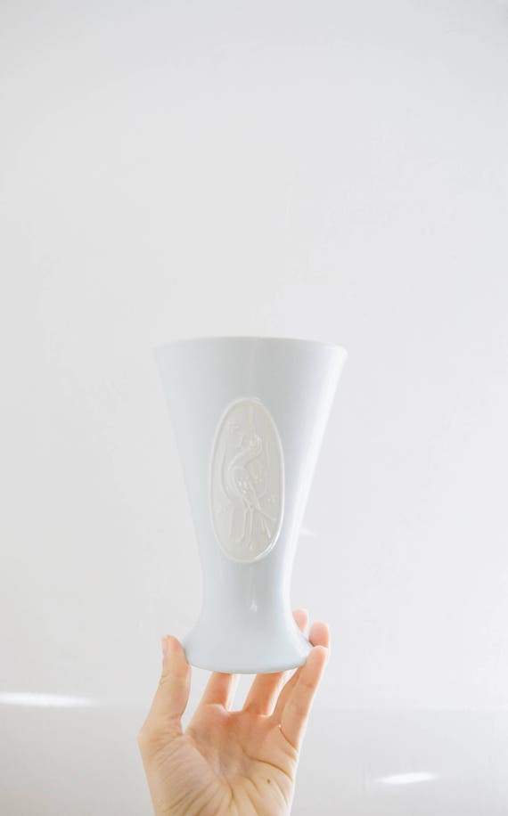 Mid Century Glazed Porcelain Powder Blue Bird Vase // Furstenburg