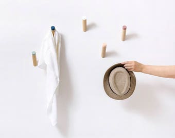 Wall Hooks Set Of Five, entryway coat hooks, Scandinavian modern home decor, wood wall pegs