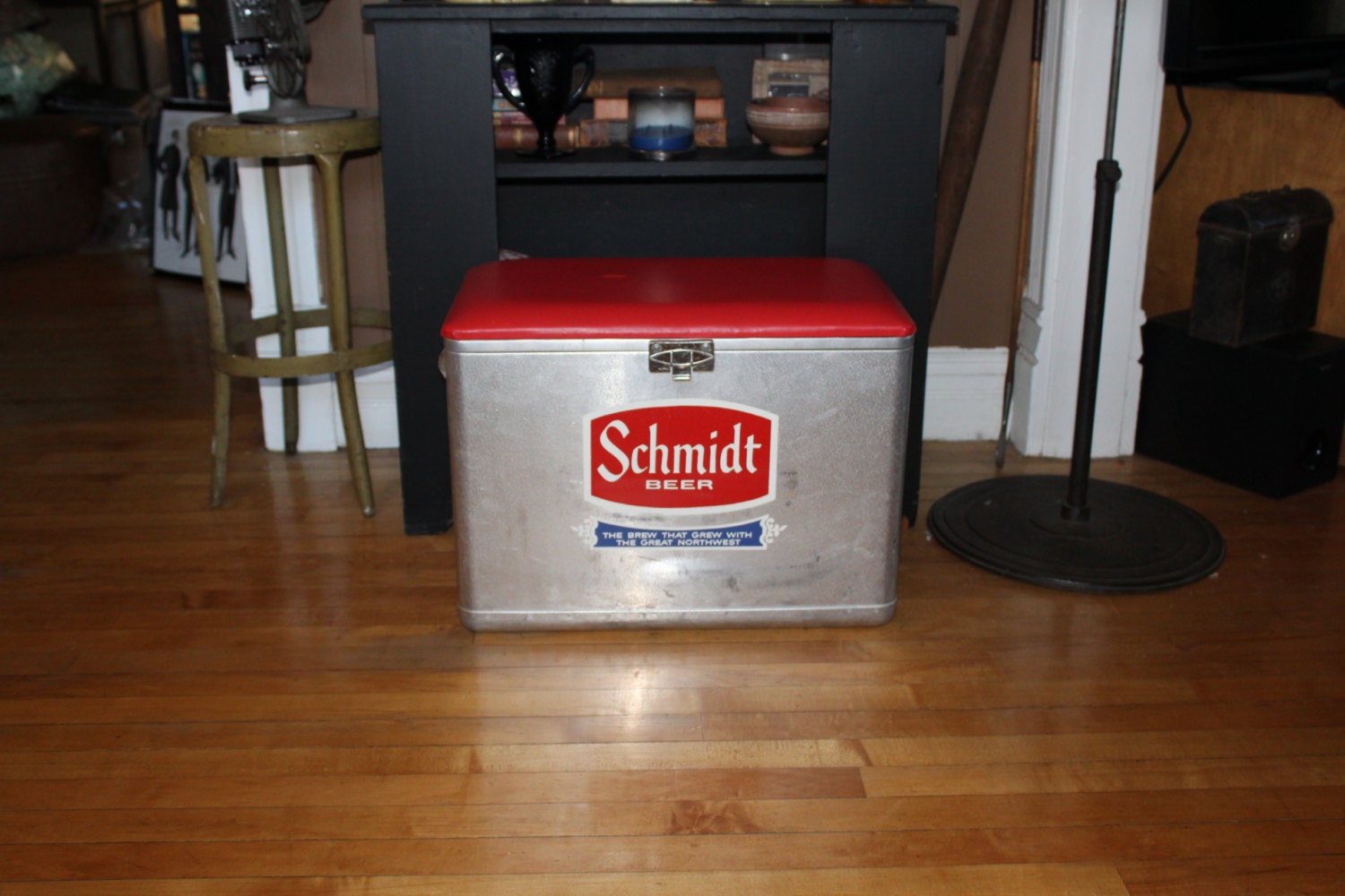 Vintage Schmidt Beer Cooler w/ Red Padded Seat Lid