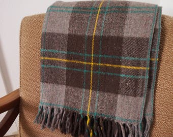Thick Vintage Soft Brown Plaid Wool Picnic Blanket with Fringe