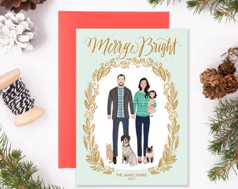 Custom Illustrated Family Portrait Christmas Holiday Card - Digital File